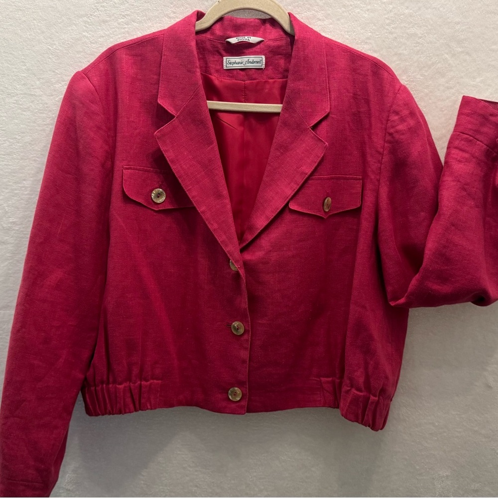 Stephanie Andrews Hot Pink Linen Bomber Jacket Career Minimalist Sz 14 XL
